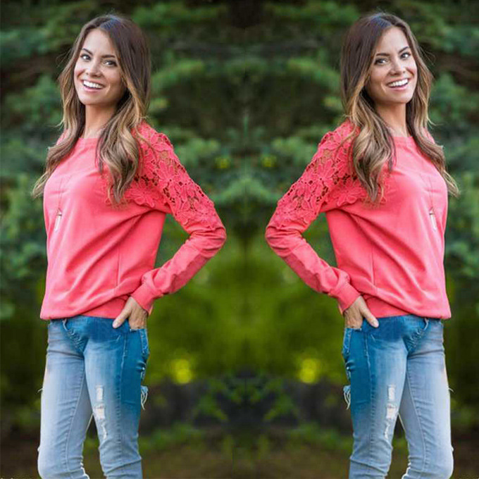 Lace Panel Womens Sweatshirt Round Neck Casual Style Available in 5 Colors Wholesale Supply