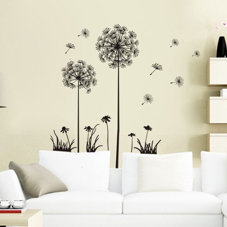 Black romantic dandelion sofa bedroom TV background Wall decor sticker DIY PVC wall sticker