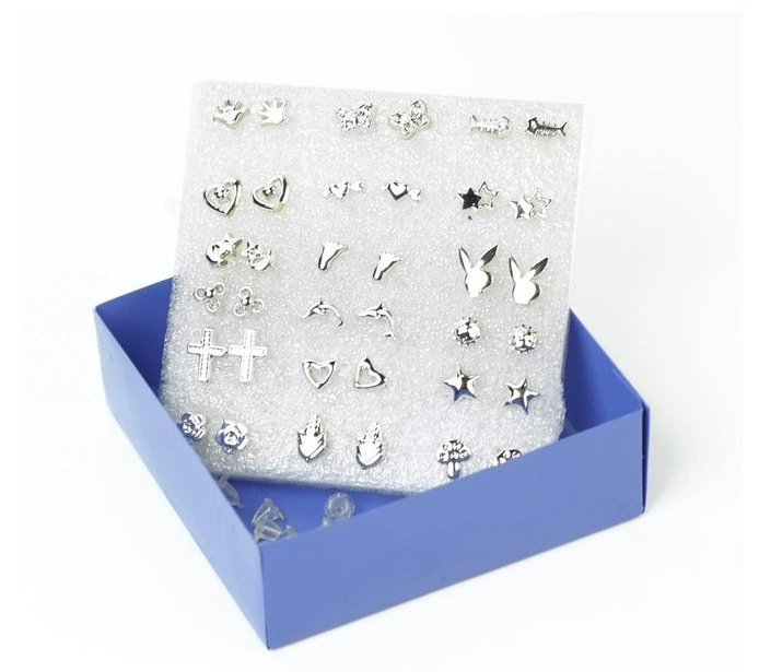 Earrings set 18 pcs, silver plastic studs in gift box 6×6×2 cm, 1 cm posts