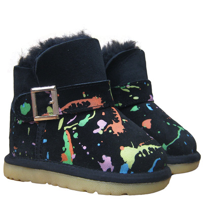 秋冬儿童保暖雪地靴羊毛内里加厚保暖牛筋底防滑学步鞋真牛皮童靴