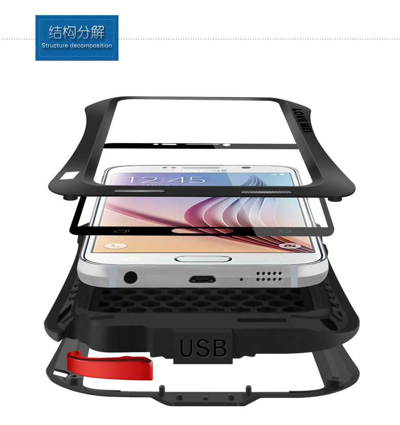 LOVE MEI Powerful Small Waist Water Resistant Shockproof Dust/Dirt/Snow Proof Aluminum Metal Outdoor Heavy Duty Case Cover for Samsung Galaxy S6
