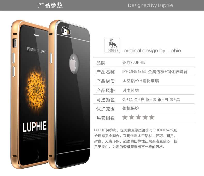 Luphie Aircraft Aluminum Metal Frame 9H Tempered Glass Back Cover Case for Apple iPhone 6S Plus