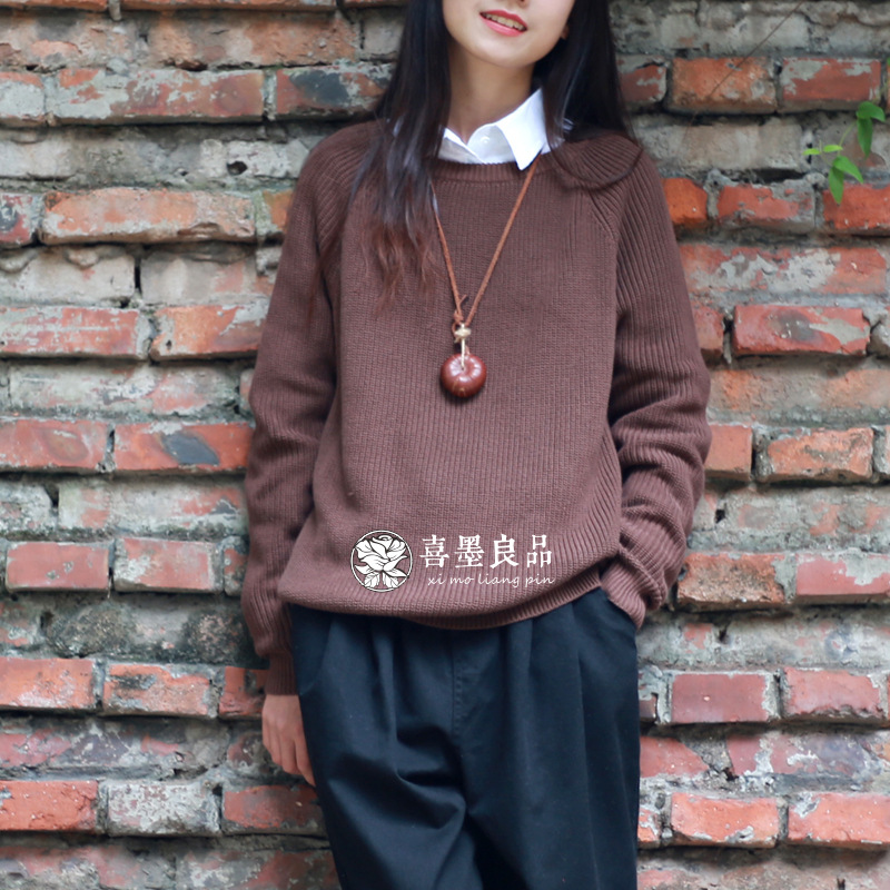 184喜墨春秋装新款复古棉线文艺棒针圆领百搭宽松套头毛衣女上衣