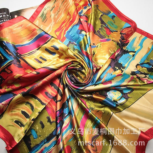 70g Weight Silk Chain Carriage Oil Painting Flowers Ladies 90cm Square Scarf
