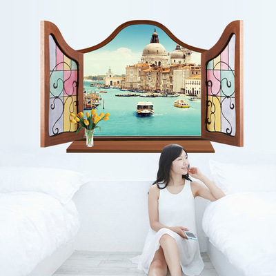 外贸EBAY客厅电视背景墙贴仿3D立体假窗外圣托里尼岛全景MJ8017B