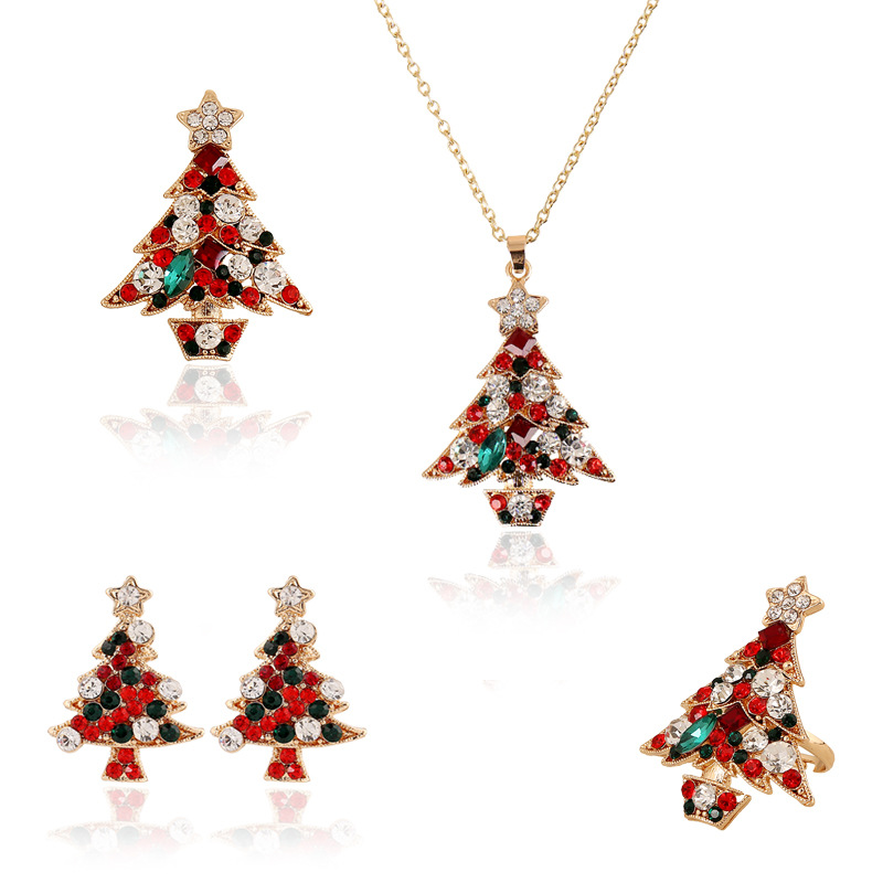 European And American Christmas Necklace Ring Earrings Crystal Christmas Tree Four-piece Set display picture 3