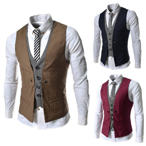 Fall 2015 new men's fake two piece Plaid matching slim fitting vest European large men's V-neck vest