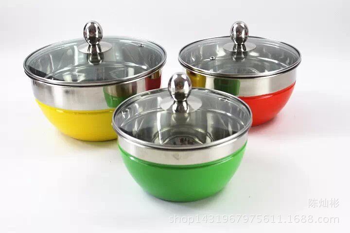 厂家直销 彩色调理盆 火锅沙拉料理盆 炫彩不锈钢多用盆 三件套