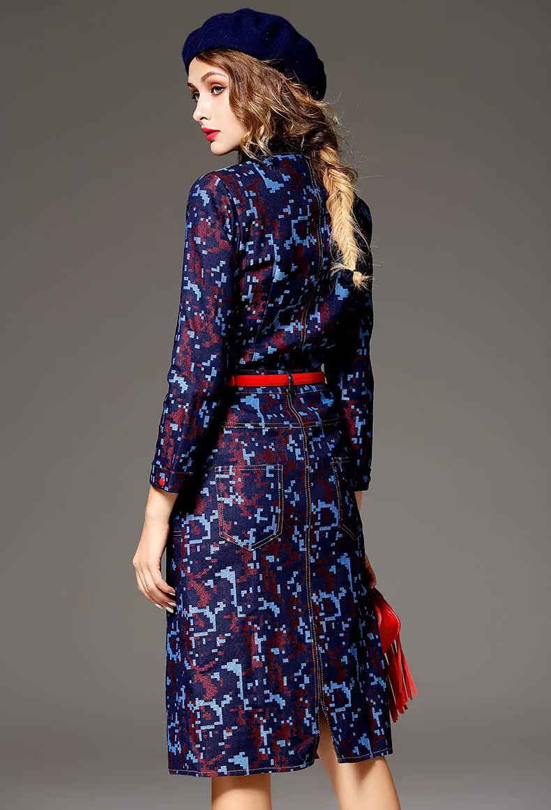 2015秋冬新款 欧美时尚 几何方块印花高腰修身气质连衣裙（有腰带）