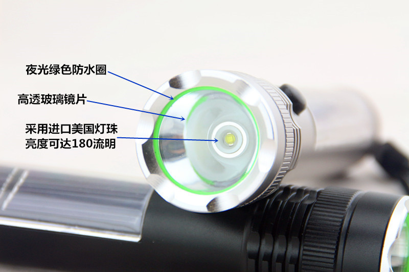 厂家直销 铝合金led强光大功率太阳能充电手电筒 多功能手电筒详情3