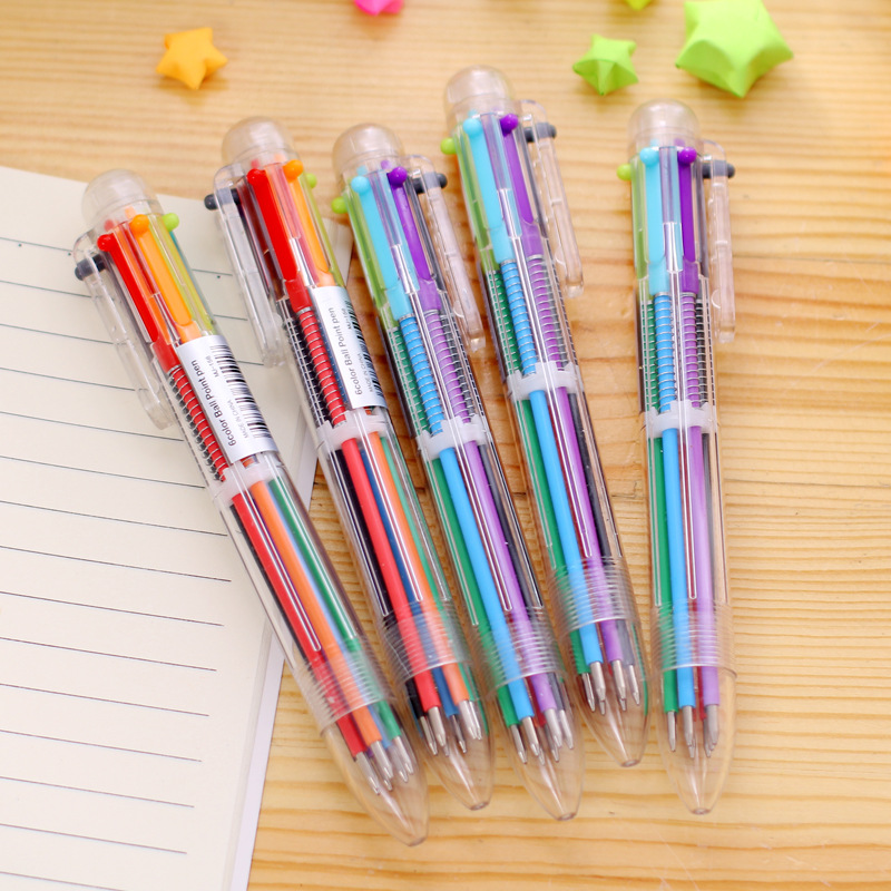 厂家直销创意6色圆珠笔 学习用品中油笔简约按动笔儿童小礼品批发