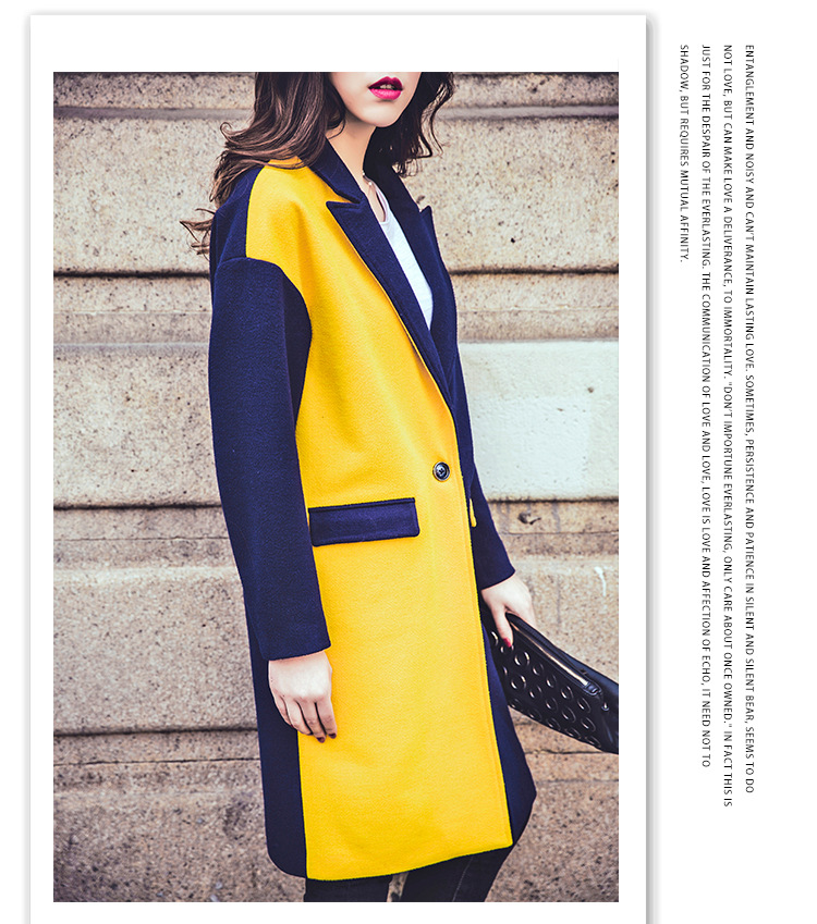 2015新品毛呢大衣休闲女装 长款时尚拼色翻领羊绒外套女式呢大衣