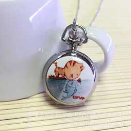 厂家直销礼品店 小号猫爱鱼love亲吻搪瓷表内置镜子陶瓷怀表