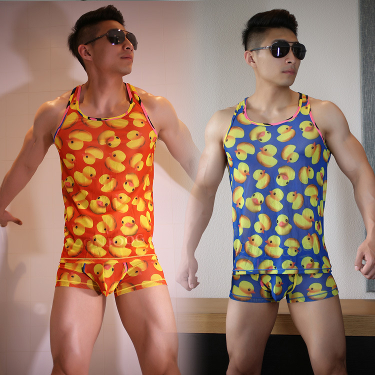 Long men's sexy vest camouflage printing summer transparent mesh breathable fashion cut shoulder men's vest wholesale