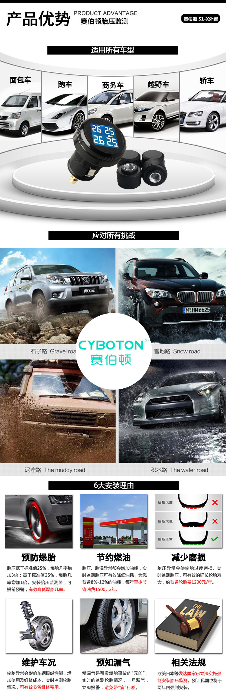 Built-in S3 mini cigarette lighter car wireless tire pressure monitoring system TPMS car temperature voltage tire built-in