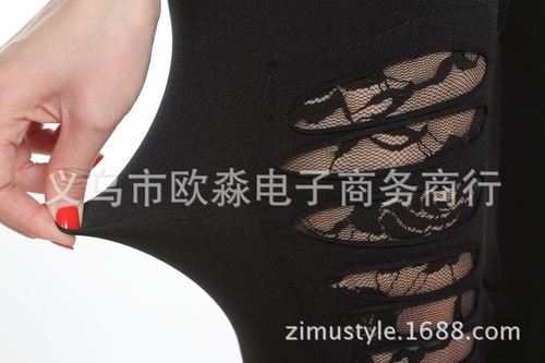 9640 European & American Seamless Ripped Lace Sexy Rose-Design Hollow Leggings Sheath Pants