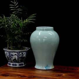 景德镇陶瓷摆件高温颜色釉储物罐家居装饰瓷器将军罐子豆青釉花瓶