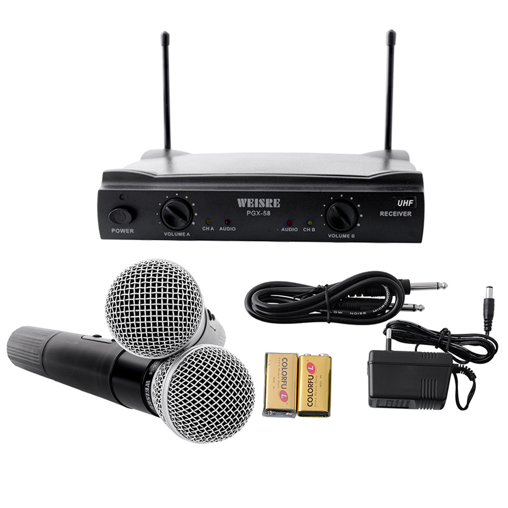 无线一拖二话筒 动圈式KTV家庭套装麦克风 外贸VHF无线话筒