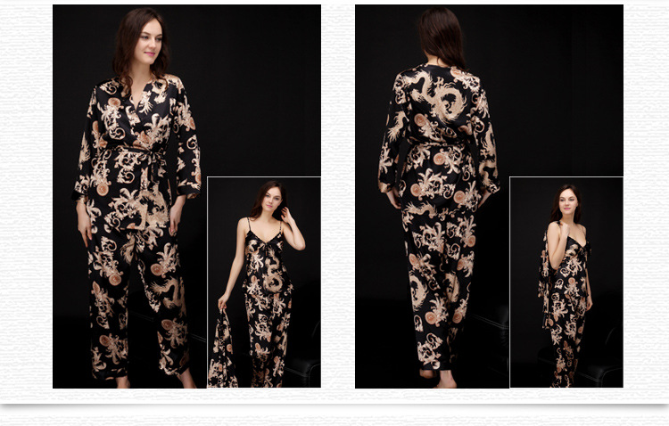 Yaoting Ice Silk Couple Pajamas Women's Summer Three-Piece Set Long Sleeve Men's Robe Bathrobe Loungewear_voghion.com