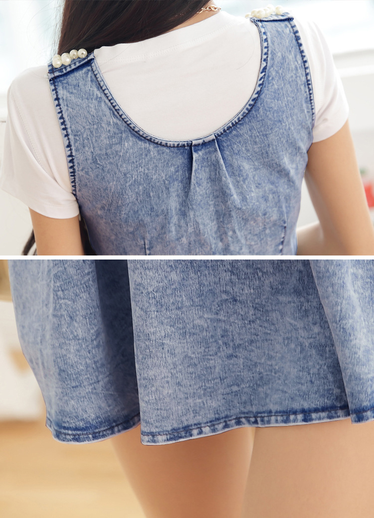 VK旗艦店 韓系學院風珍珠兩穿牛仔套裝無袖裙裝