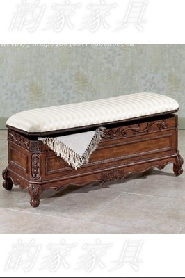 床尾储物柜 换鞋收纳凳 美式乡村家具 实木雕刻整装|ms