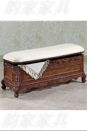 床尾储物柜 换鞋收纳凳 美式乡村家具 实木雕刻整装|ms