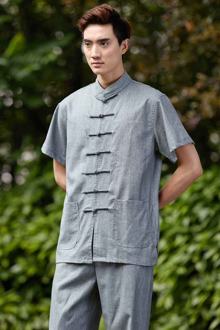 Костюм Тан, мужской льняной костюм среднего возраста, новая летняя футболка, Мужская Летняя Повседневная мужская одежда с короткими рукавами в китайском стиле ханьфу