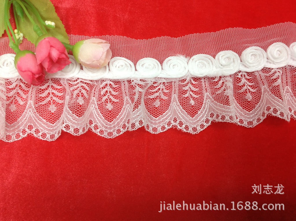 现货供应 雪纺盘花车精美蕾丝打皱花边  花边部分5CM