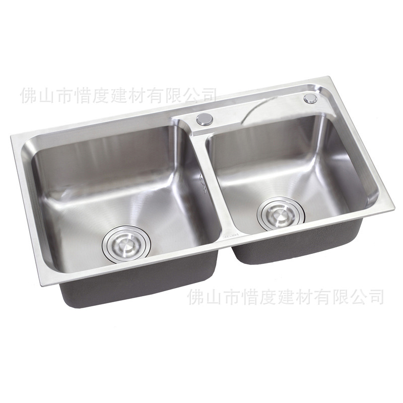 厂家直销304不锈钢水槽洗菜盆小R角斜边双槽带挡水边拉丝76*42