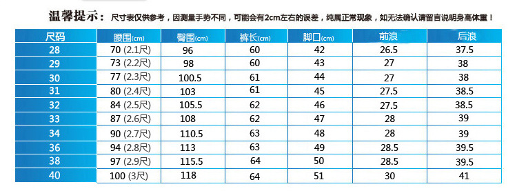 牛仔中裤尺码表