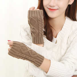 冬季新款毛线针织菱形袖套半指短款20cm保暖露指手套女学生手套