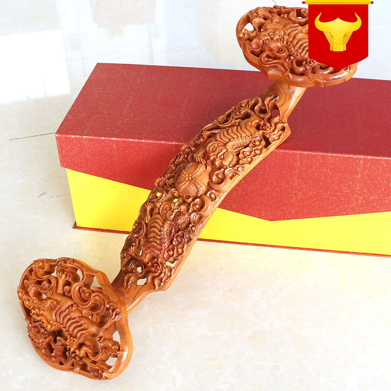 桃木 如意狮子摆件天然木雕摆设事事如意客厅工艺品60cm