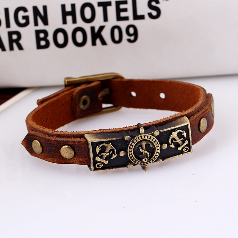 Alloy vintage cowhide bracelet bracelet gift distressed effect leather bracelet