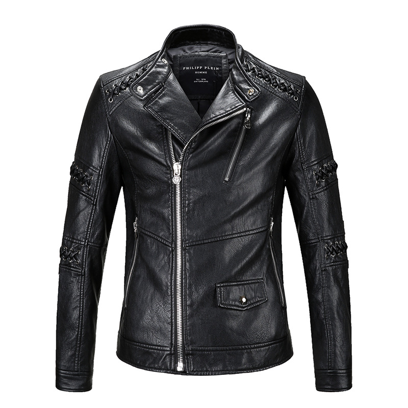 2019春季新款时尚机车皮夹克编织装饰男士皮衣厂家直销一件代发|ms