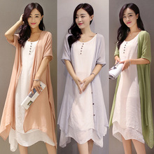 Váy mùa hè 2018 cotton và vải lanh văn học retro hai mảnh phù hợp với nữ mùa hè khí chất giản dị bộ lanh Đầm cotton