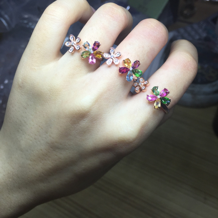 新款 天然糖果色碧玺戒指 五彩色 美925银便宜批发