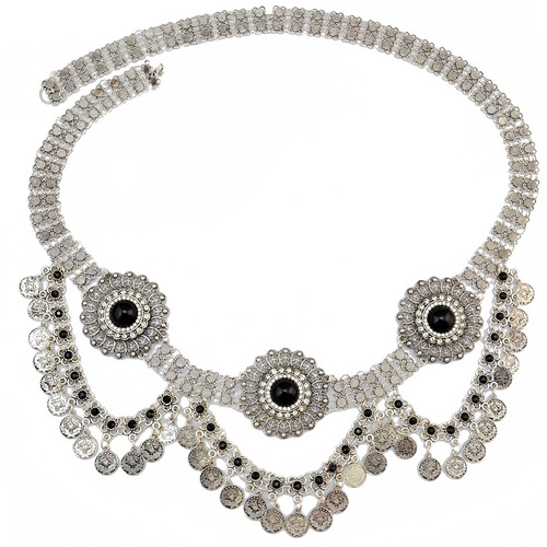 European and American retro belly dance waist chain, exaggerated metal texture coins, diamond-encrusted hollow dance accessories wholesale