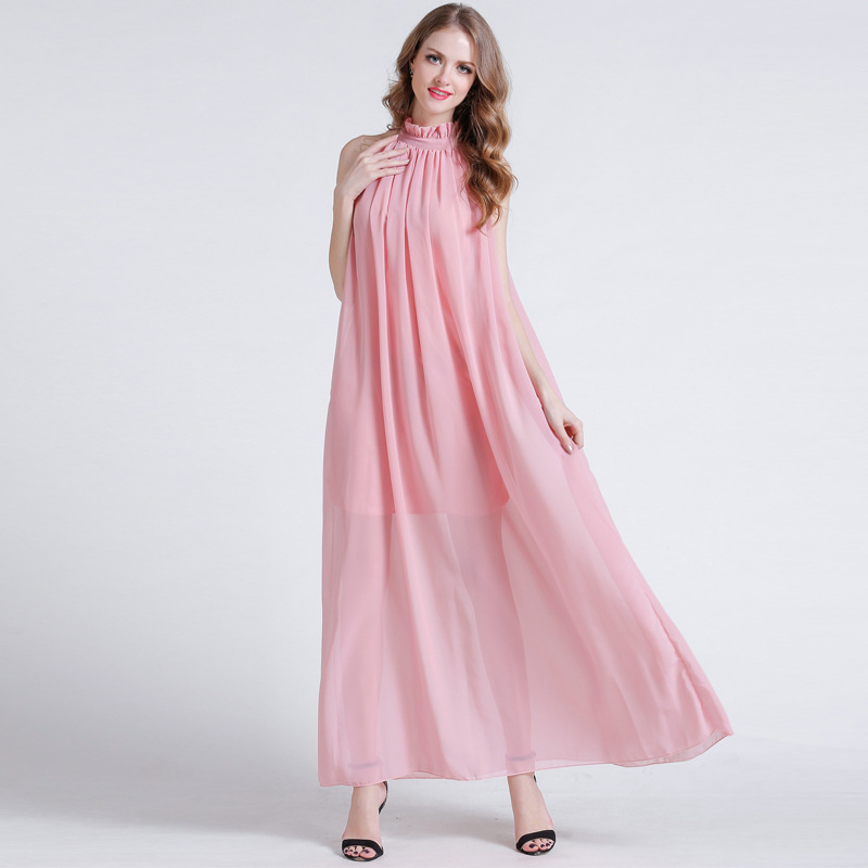 collar chiffon belt waist A-line slim sleeveless long dress NSJR51585