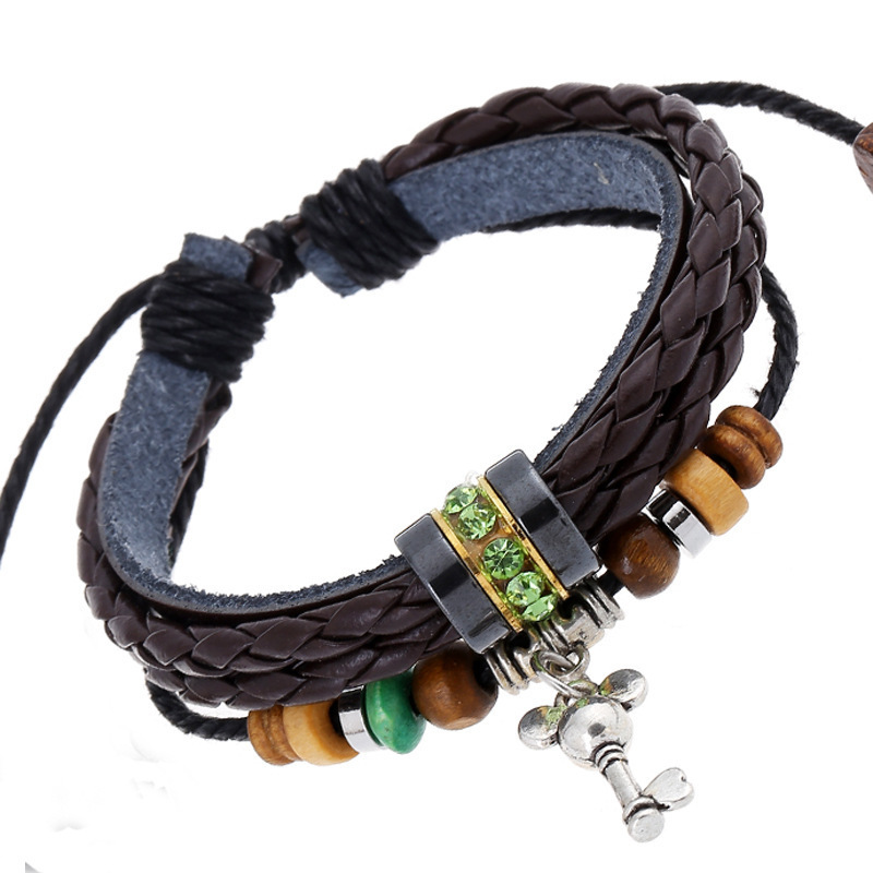 Multi-layer woven leather bracelet wholesale fashion key pendant rhinestone beaded bracelet foreign trade hot item