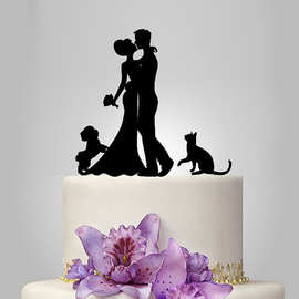 创意情侣亲吻婚礼蛋糕装饰 西施犬和猫蛋糕插牌 婚礼蛋糕装饰插牌