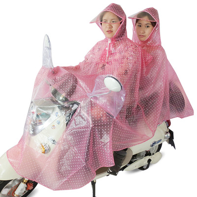 环保PVC水晶波点透明大帽檐加大加肥电动车摩托车成人双人雨衣|ms