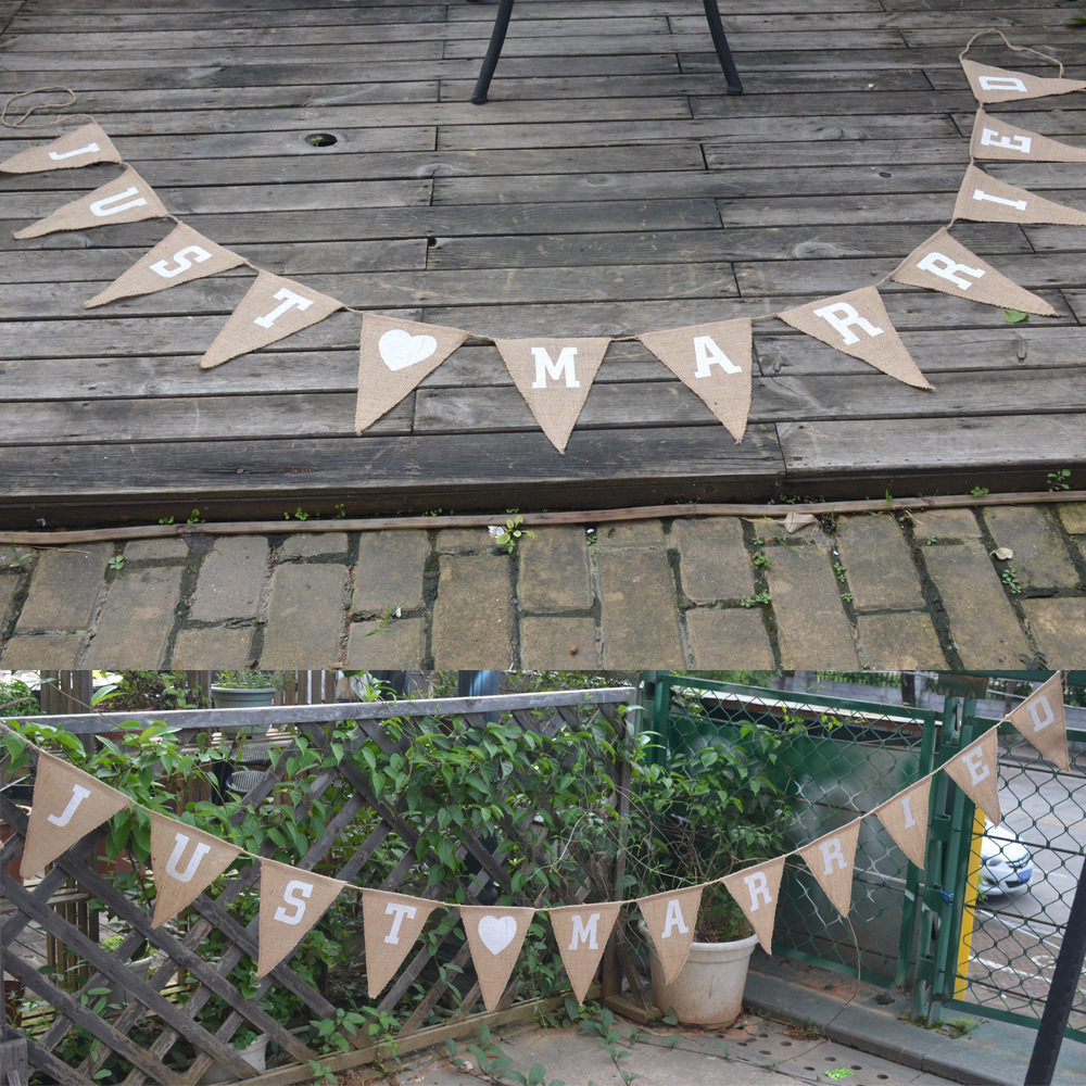 Just married 派对婚礼装饰布置横幅 麻布三角旗 麻拉旗 120g