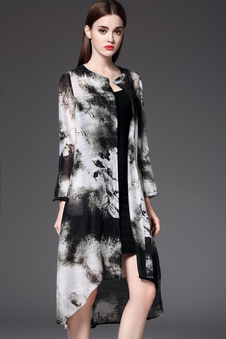 春夏新款 歐美復古 古典水墨印花拼接氣質薄外套