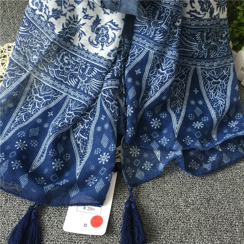 New Retro Ethnic Style Travel Silk Scarf Artistic Fresh Encryption Voile Blue And White Porcelain Tassel Scarf Shawl display picture 9