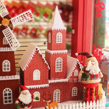 圣诞雪房子城堡 木质圣诞屋 电动圣诞雪景装饰布置用品红色雪房子