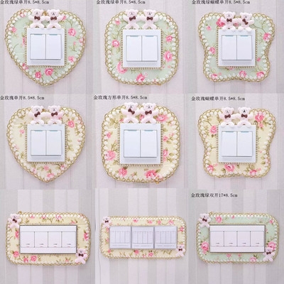 新款韩式田园布艺开关套金边小熊开关贴 开关套家用蕾丝开关套|ms