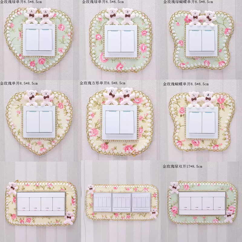 新款韩式田园布艺开关套金边小熊开关贴 开关套家用蕾丝开关套|ms