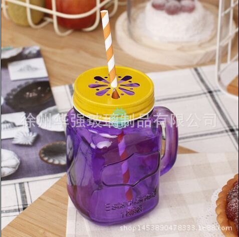 把手杯 480ml梅森把子杯 饮料瓶 创意梅森浮雕把手杯