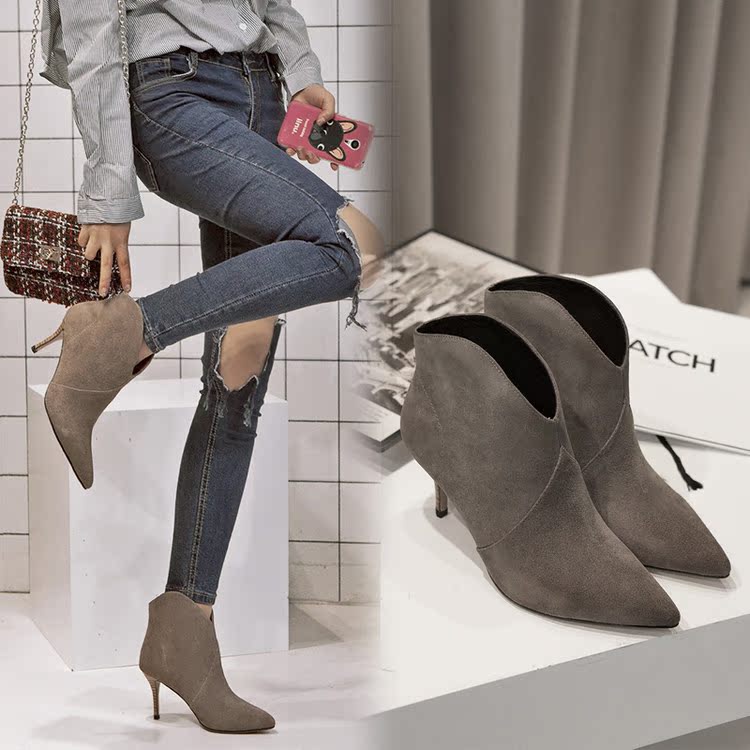 韩版尖头高跟短靴女真皮裸靴秋冬短筒靴子及踝靴冬季细跟高跟鞋_