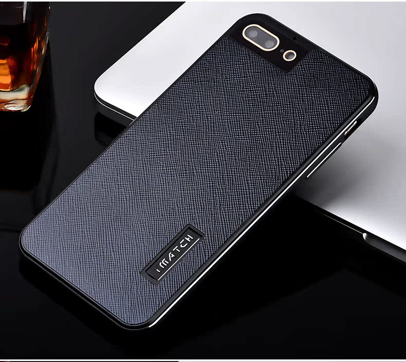 iMatch Luxury Aluminum Metal Bumper Premium Genuine Leather Back Cover Case with Kickstand for Apple iPhone 7 Plus & iPhone 7